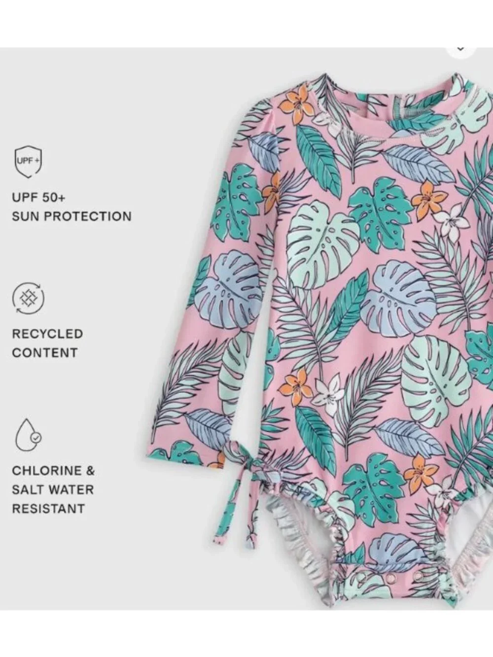 NEW Quince Toddler Long Sleeve Tie One-Piece Swimsuit, Palm, Size 3T